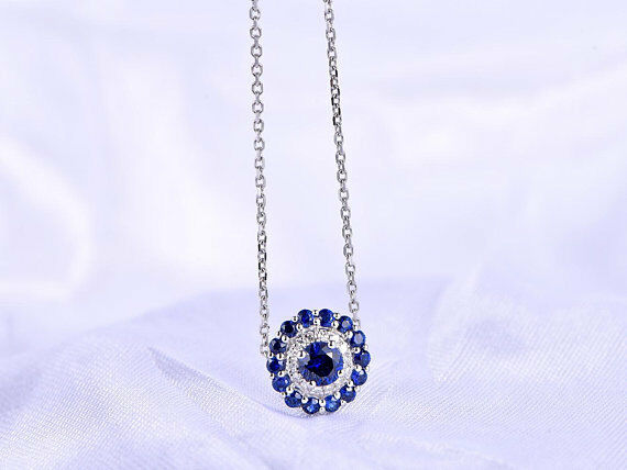 2ct Round Cut Blue Sapphire Pendant with Chain Double Halo 14k White Gold Finish