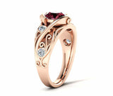 2ct Round Cut Red Garnet Leaf Vine Solitaire Round Accent Ring 14k RoseGold Over