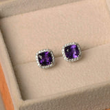 2ct Cushion Cut Purple Amethyst Diamond Halo Stud Earrings 14k White Gold Finish