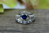 2ct Heart Blue Sapphire Engagement Ring Claddagh Bridal Set 14k White Gold Over