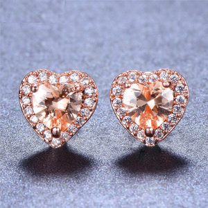 2ct Heart Cut Peach Morganite Halo Heart Shape Stud Earrings 14k RoseGold Finish