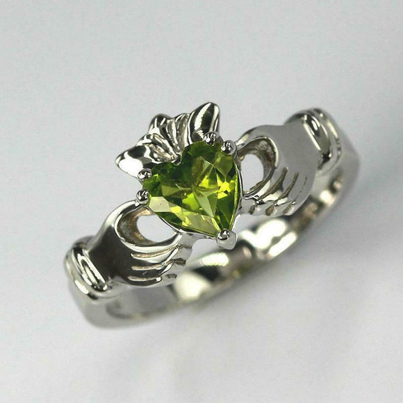 1ct Heart Cut Green Peridot Engagement Ring Claddagh Design 14k WhiteGold Finish