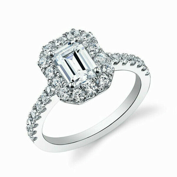 2ct Emerald Cut Diamond Accent Halo Solitaire Engagement Ring 14k WhiteGold Over