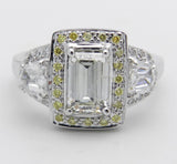 4ct Emerald Diamond Yellow Halo Trilogy Engagement Ring 14k White Gold Finish