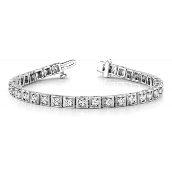 12 Ct Round Diamond Square Milgrain Links Tennis Bracelet 14K White Gold Finish