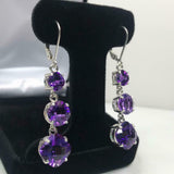 2.5ct Cushion Cut Purple Amethyst Trilogy Drop Earrings 14k White Gold Finish