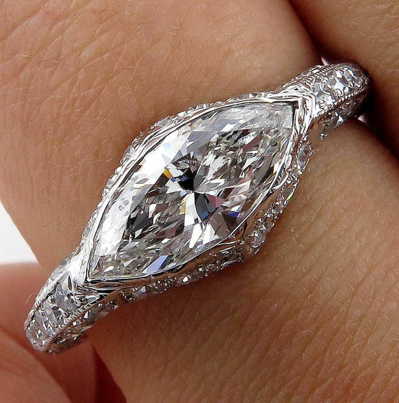 5Ct East West Marquise Cut Diamond Vintage Engagement Ring 14K White Gold Over