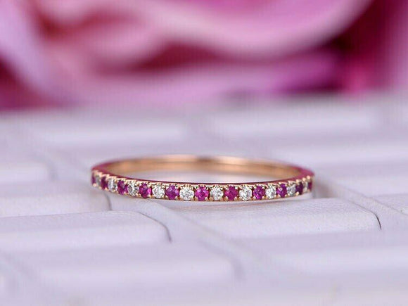 0.3ct Round Pink Ruby Wedding Band Half Eternity Anniversary 14k Rose Gold Over