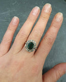 2ct Engagement Ring Oval Green Emerald Vintage Inspired Halo 14k White Gold Over