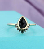 1.2ct Pear Cut Black Diamond Crown Halo Minimalist Ring 14k Yellow Gold Finish