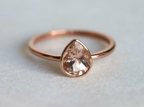 1ct Engagement Ring Pear Cut Peach Morganite Solitaire 14k Rose Gold Finish