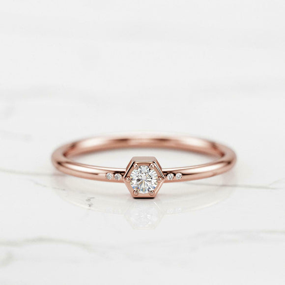 Hexagon Shape Stackable Engagement Ring 0.3ct Round Diamond 14k Rose Gold Finish