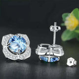 2.5ct Stud Earrings Round Cut Blue Topaz Diamond Floral 14k White Gold Finish