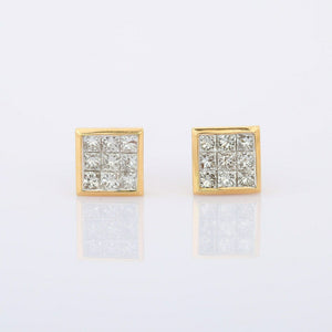 1.8ct Stud Earrings Princess Cut Diamond Squarish Cluster 14k Yellow Gold Finish