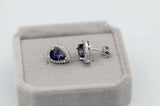 2.3ct Stud Earrings Pear Cut Blue Tanzanite Diamond Halo 14k White Gold Finish