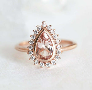 2ct Pear Cut Peach Morganite Engagement Ring 14k Rose Gold Finish Diamond Halo