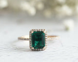 3Ct Green Emerald Diamond Accent Halo Women Engagement Ring 14K Rose Gold Finish