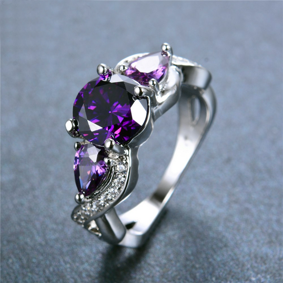 2.3ct Round Cut Purple Amethyst Engagement Ring 14k White Gold Finish Trilogy