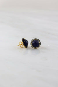 1ct Stud Earrings Round Cut Blue Sapphire Diamond Halo 14k Yellow Gold Finish