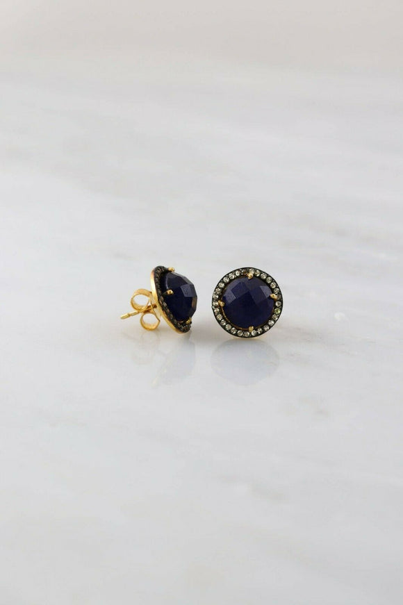 1ct Stud Earrings Round Cut Blue Sapphire Diamond Halo 14k Yellow Gold Finish