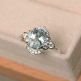 2ct Oval Cut Blue Aquamarine Solitaire Round Floral Halo Ring 14k WhiteGold Over