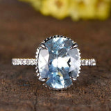 2ct Oval Cut Blue Aquamarine Diamond Accents Milgrain Ring 14k White Gold Finish