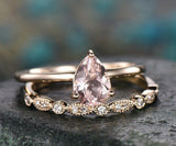 1Ct Pear Peach Morganite Bridal Set Solitaire Engagement Ring 14K Rose Gold Over