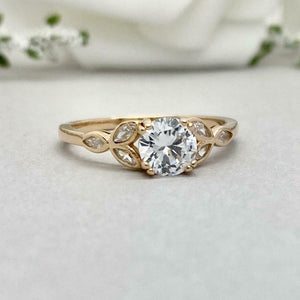 1.5ct Engagement Ring Round Cut Diamond Leaf Marquise Accent 14k YellowGold Over