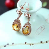 2.6ct Drop Earrings Oval Cut Yellow Citrine Floral Halo 14k Rose Gold Finish