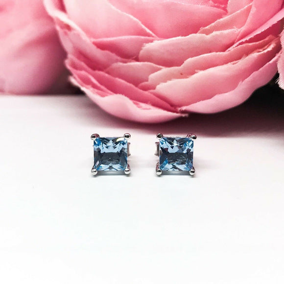 1.5Ct Princess Cut Blue Aquamarine Solitaire Stud Earrings 14K White Gold Finish