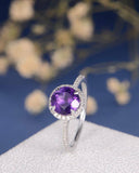 1ct Round Purple Amethyst Halo Solitaire Engagement Ring 14k White Gold Finish