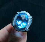 3.45ct Oval Cut Blue Topaz Halo Signet Engagement Men Ring 14k White Gold Finish