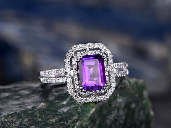 4ct Emerald Cut Purple Amethyst Double Halo Split Shank Ring 14k White Gold Over