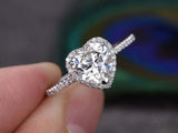 1.5ct Heart Cut Diamond Solitaire Ring 14k White Gold Finish wtih Round Accents