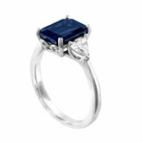 3Ct Emerald Cut Blue Sapphire Trilogy Ring 14K White Gold Finish Trillion Accent