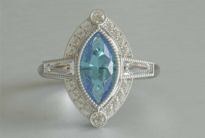 3ct Marquise Cut Blue Aquamarine Engagement Ring Art Deco 14k White Gold Finish