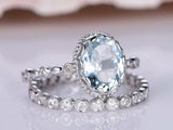 1.7ct Oval Cut Blue Aquamarine Bridal Set Engagement Ring 14k White Gold Finish