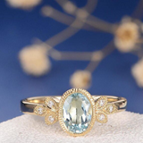 1ct Oval Blue Aquamarine Diamond Flower Leaf Milgrain Ring 14k Yellow Gold Over