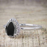 1.3ct Pear Cut Black Diamond Engagement Ring 14k WhiteGold Finish Halo Solitaire