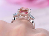 5ct Emerald Cut Peach Morganite Engagement Ring Trilogy 14k White Gold Finish