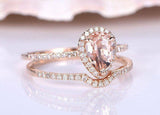 1.9ct Pear Cut Peach Morganite Bridal Set Engagement Ring 14k Rose Gold Finish