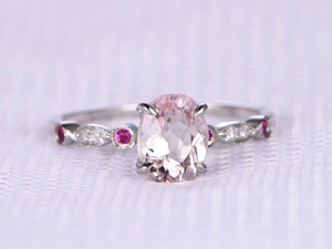 1.2ct Oval Cut Morganite Engagement Ring Ruby Diamond Accent 14k White Gold Over