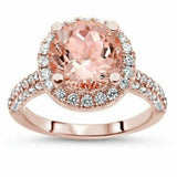 4Ct Round Cut Peach Morganite Diamond Accents Halo Ring 14K Rose Gold Finish