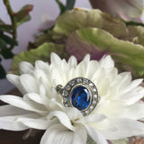 2.4ct Oval Cut Blue Sapphire Vintage Inspired Halo Ring 14k White Gold Finish