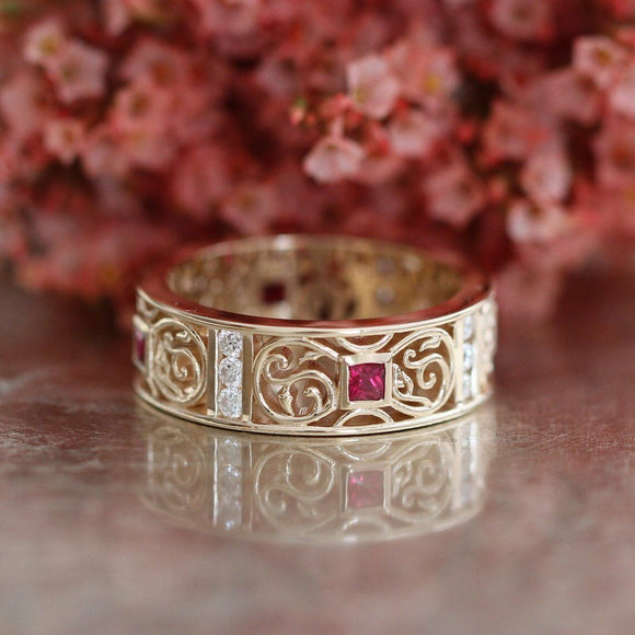 1ct Princess Cut Pink Ruby Filigree Wedding Band Ring 14k Yellow Gold Finish