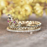 1ct Round Cut Pink Sapphire Engagement Ring Crown Bridal Set 14k YellowGold Over