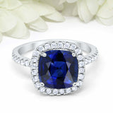 2.75ct Cushion Cut Blue Sapphire Diamond Accent Halo Ring 14k White Gold Finish