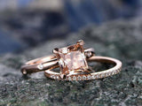 2ct Princess Cut Peach Morganite Engagement Ring 14k Rose Gold Finish Bridal Set