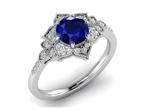 2.2ct Round Cut Blue Sapphire Flower Milgrain Halo Ring 14k White Gold Finish