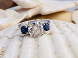 2ct Engagement Ring Round Cut Diamond Blue Sapphire Trilogy 14k WhiteGold Finish